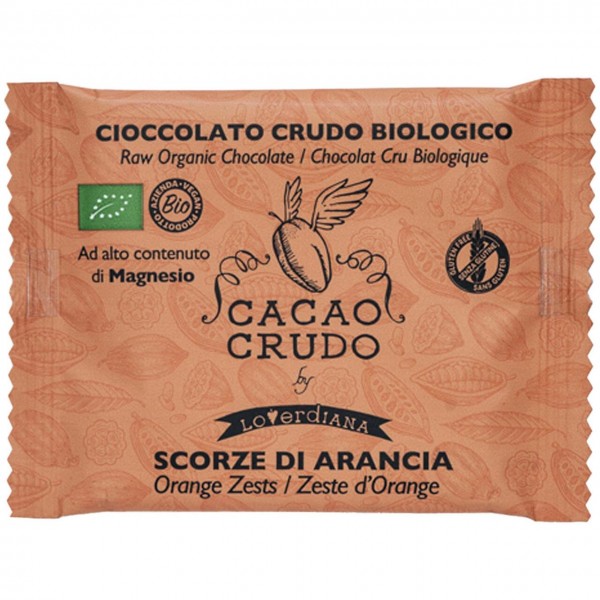 Cioccolato fondente crudo con scorze di arancia 30g Cacao Crudo
