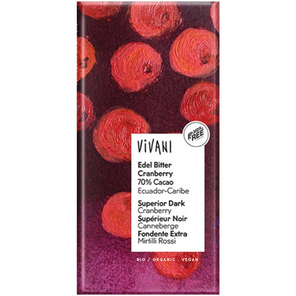 Cioccolato fondente pregiato al 70% con mirtilli rossi 100g VIVANI